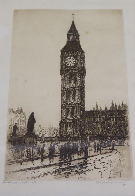 E.S. Mayberry, etching, The Clock Tower, Westminster, signed, 23 x 16cm